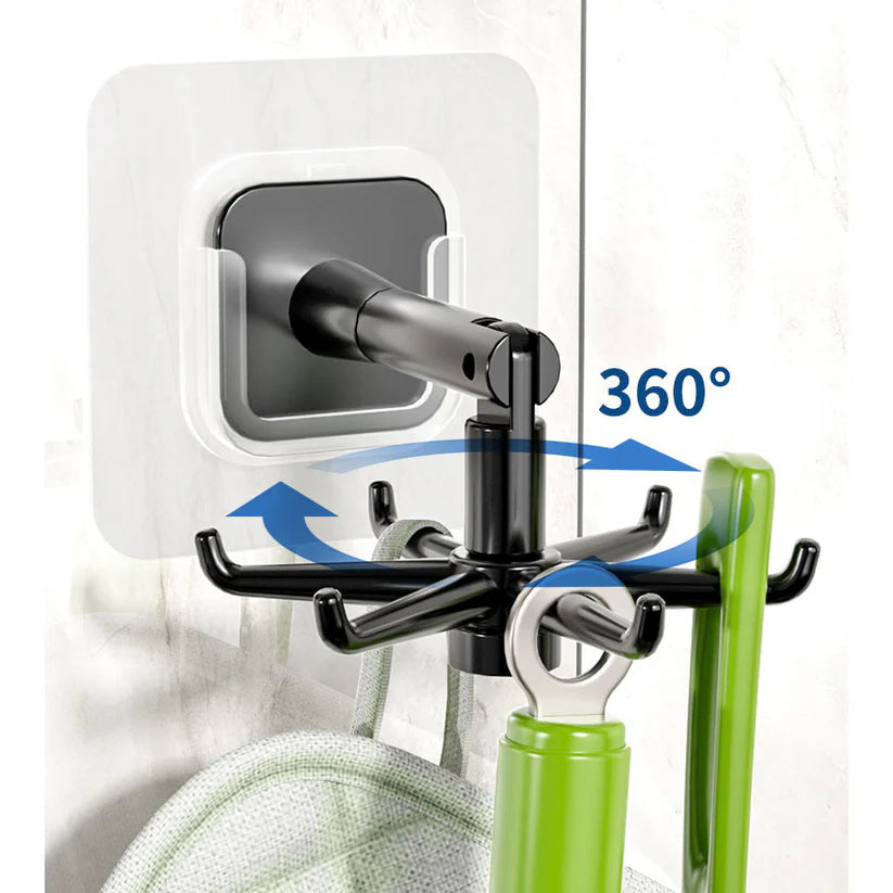 Kitchen and bathroom spoon and spatula wall-mounted rotating hook, no-drill, six-claw wall-mounted clothes hanger hook