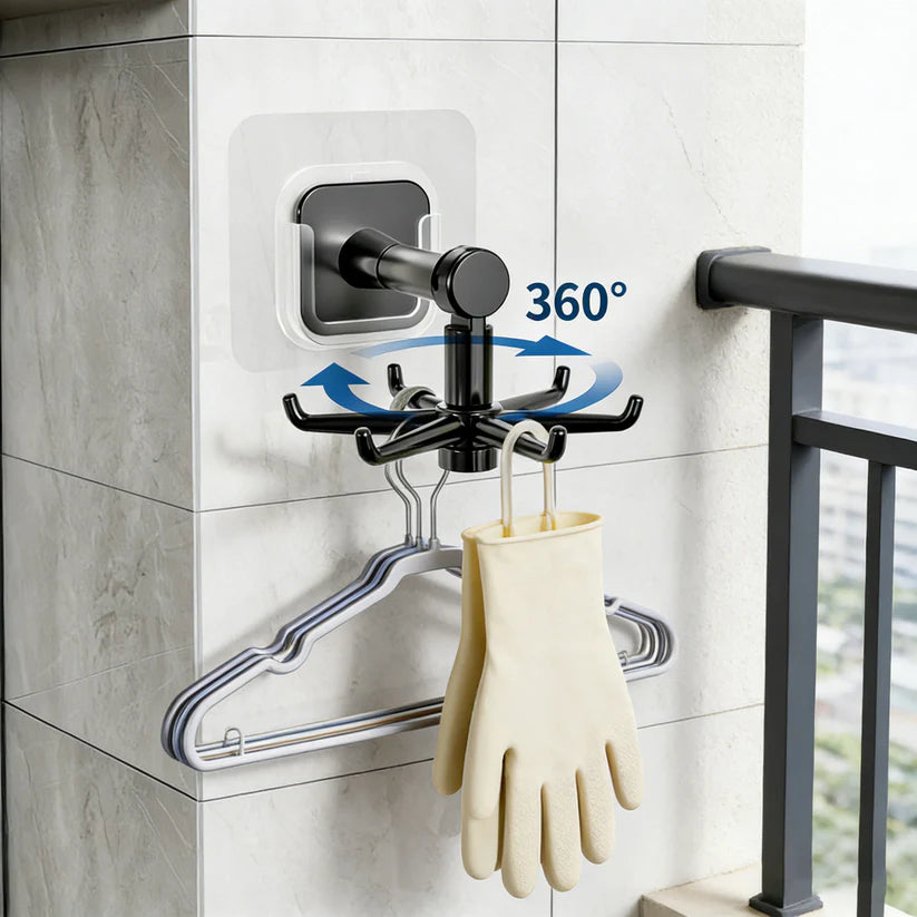Kitchen and bathroom spoon and spatula wall-mounted rotating hook, no-drill, six-claw wall-mounted clothes hanger hook