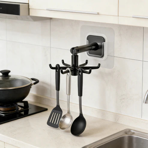 Kitchen and bathroom spoon and spatula wall-mounted rotating hook, no-drill, six-claw wall-mounted clothes hanger hook