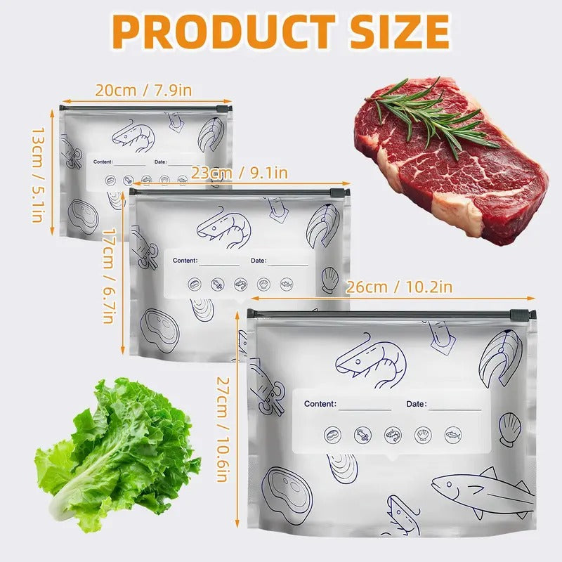 【Refrigerated Food】Reusable Aluminum Foil Sealable Storage Bags, 2026 New Resealable Vacuum Zipper Pouches for Food, Stand Up Foil Sealable Bags with Label and Zip Lock for Vegetable Fruit Meat